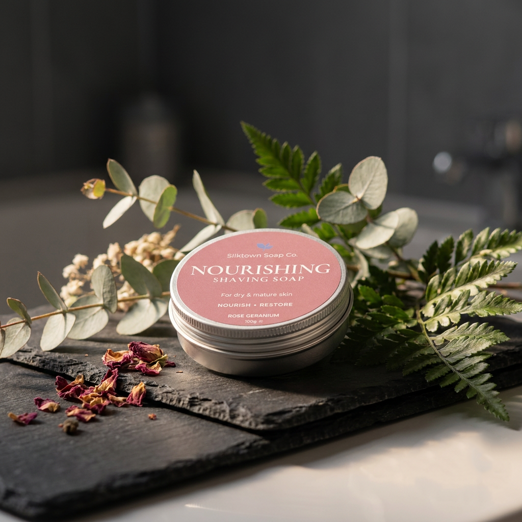 A round tin of Silktown Soap Co Nourishing Shaving Soap sits on a dark slate tray, surrounded by green eucalyptus leaves, ferns, and dried rose petals against a dark, softly blurred background.