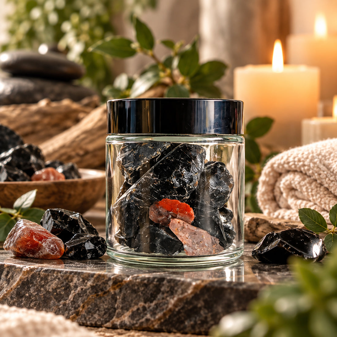 A clear glass jar with a black lid, filled with polished black crystals and a few small reddish stones, displayed on a stone surface with candles, leaves, and rolled fabric in the background.
