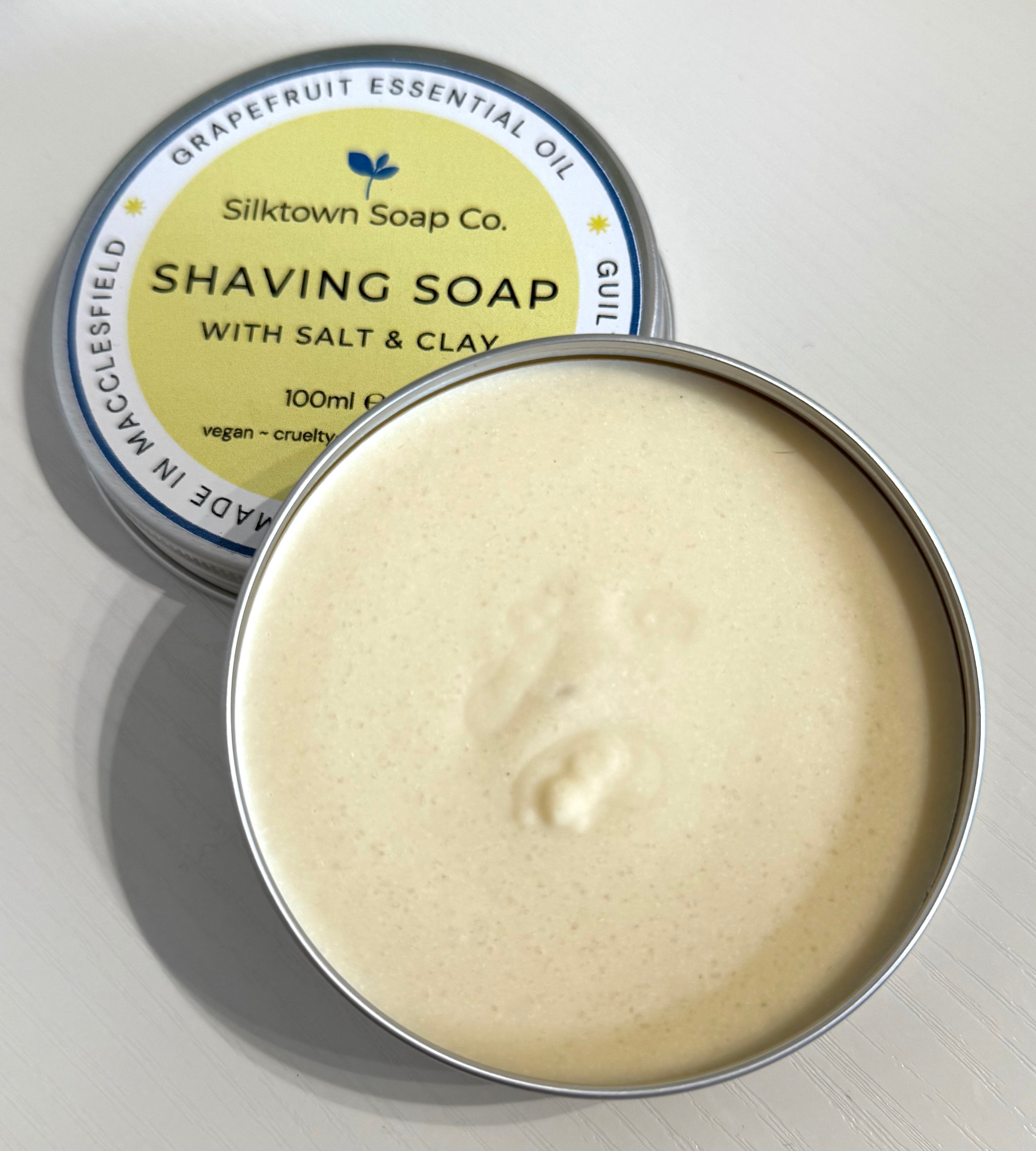 open tin of Natural Soap for Shaving - Grapefruit