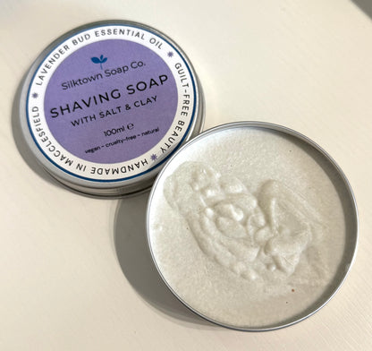 open tin of Natural Soap for Shaving - Lavender
