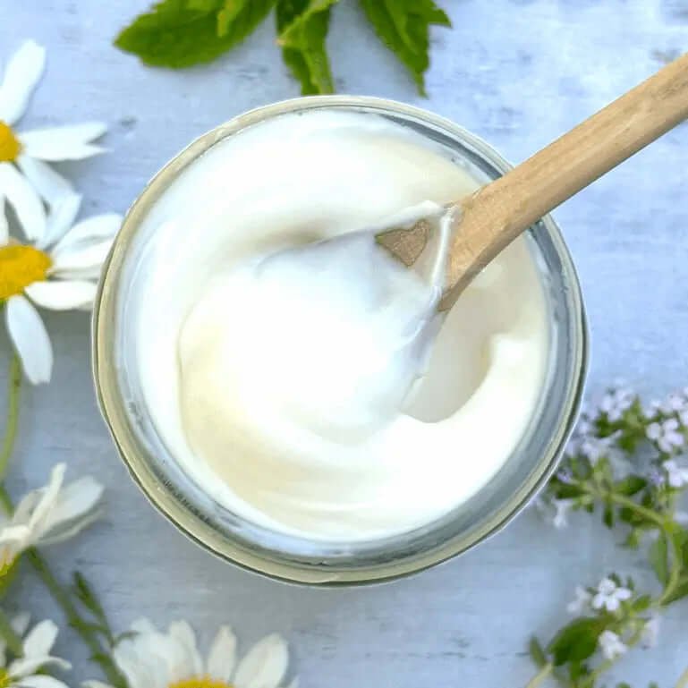 open jar of Purity Natural Hand &amp; Body Lotion with a wooden spoon and plants- Silktown Soap Company