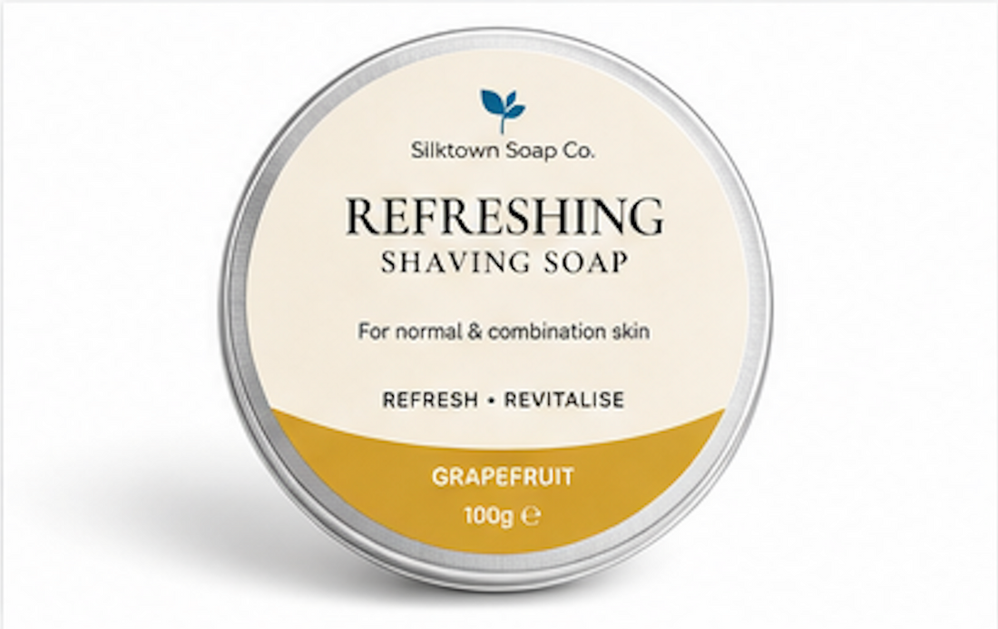 SilkTown Soap Co. refreshing shaving soap tin on a white background