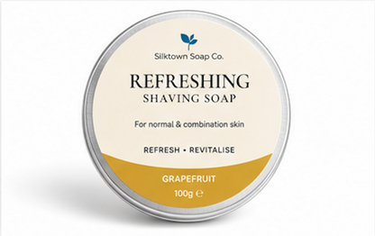SilkTown Soap Co. refreshing shaving soap tin on a white background