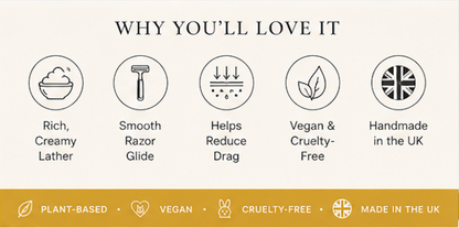 List of reasons why a product is loved, including rich creamy lather, smooth razor glide, helps reduce drag, vegan and cruelty-free, handmade in the UK, plant-based, vegan, cruelty-free, made in the UK.