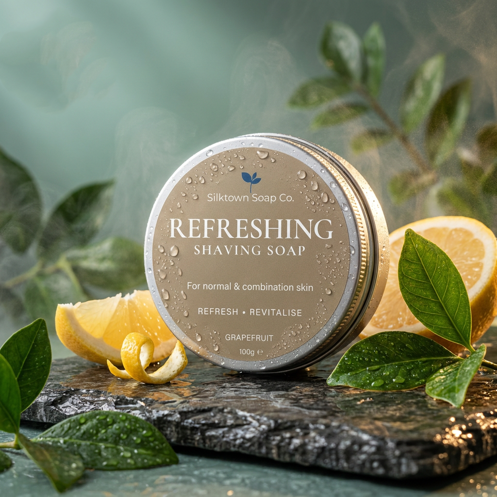A round tin of Silktown Soap Co. Refreshing Shaving Soap (Grapefruit) sits on a dark slate slab, surrounded by fresh lemon slices, lemon peels, and green leaves on a teal surface with a soft-focus background.
