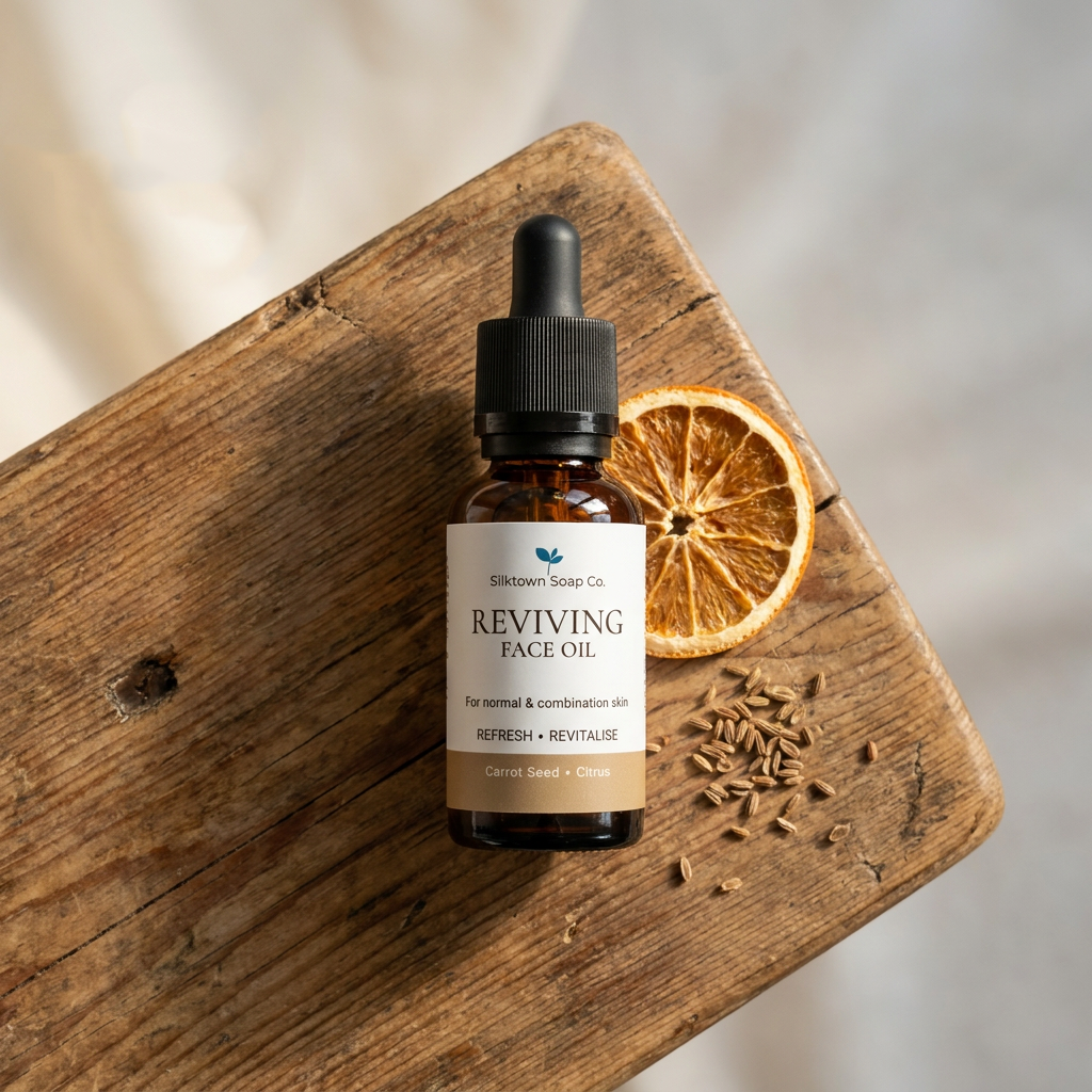 reviving face oil on wood with citrus and seeds
