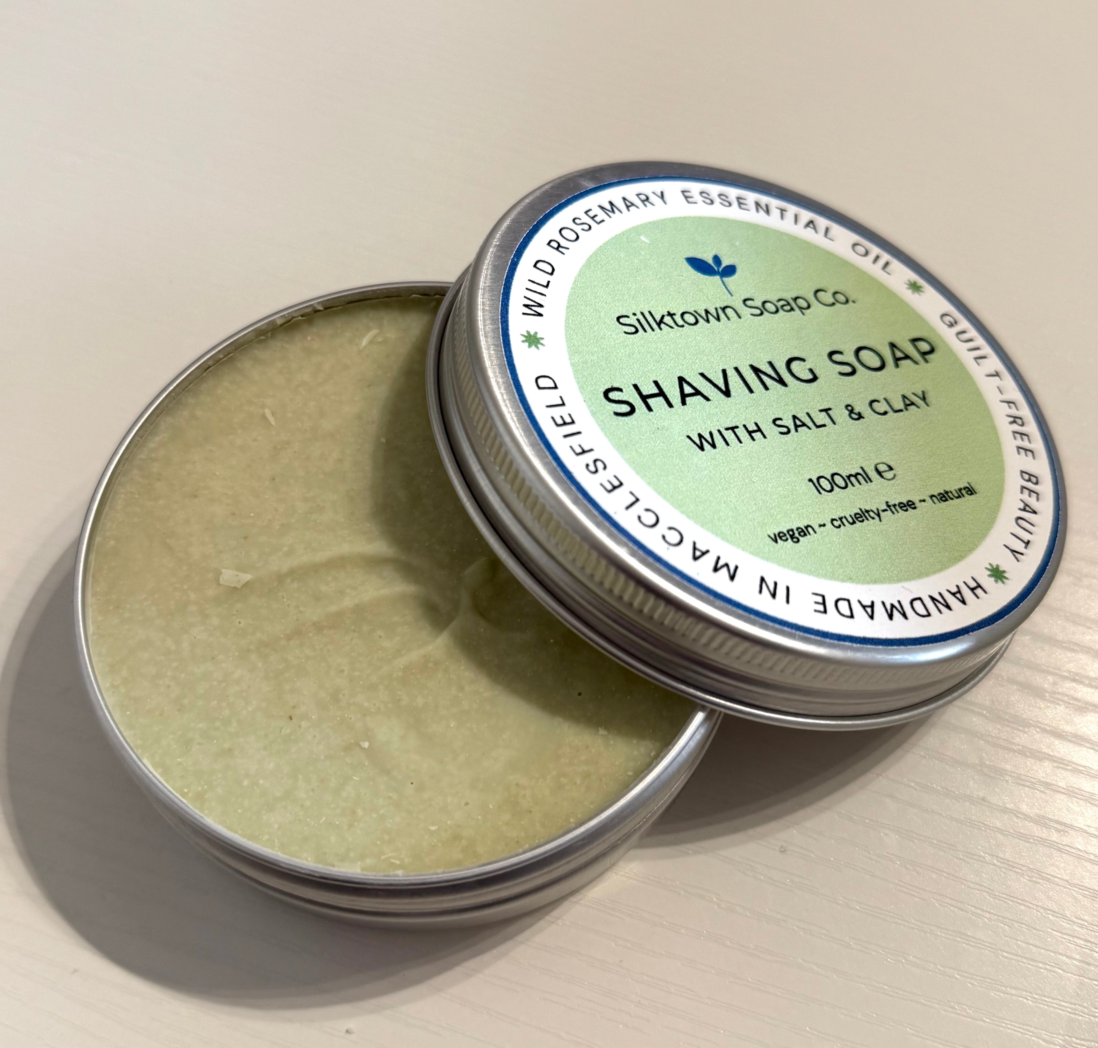 open tin of Natural Soap for Shaving - Rosemary