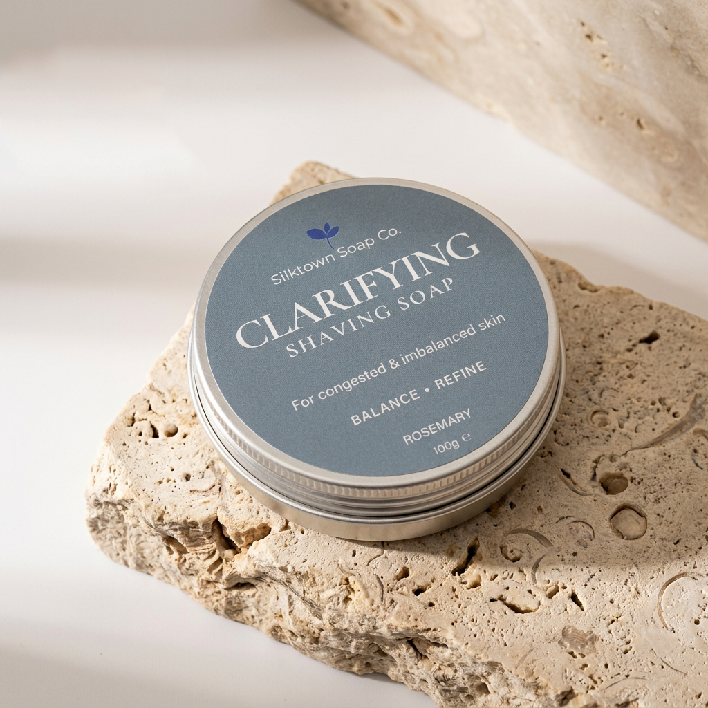 Clarifying shaving soap on stone slab 