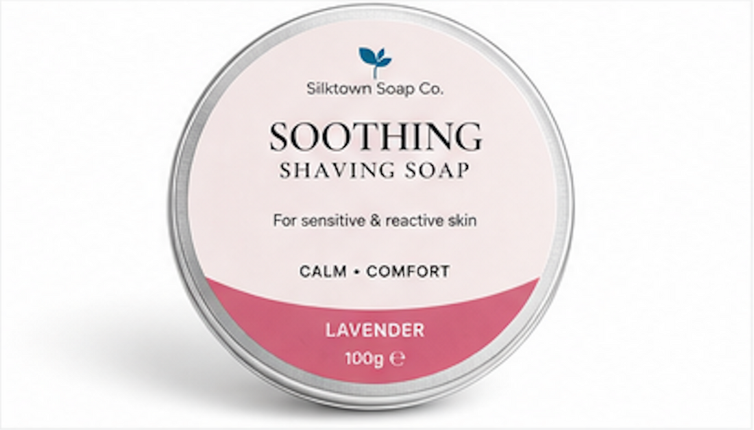 Silkatown Soap Co. soothing shaving soap container on a white background