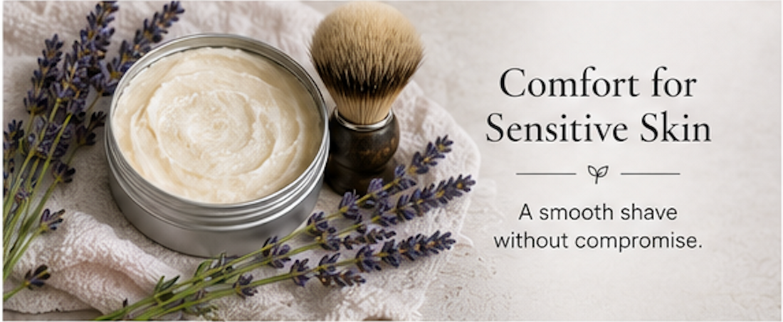 Jar of cream with a brush and lavender flowers on a white background, promoting comfort for sensitive skin.