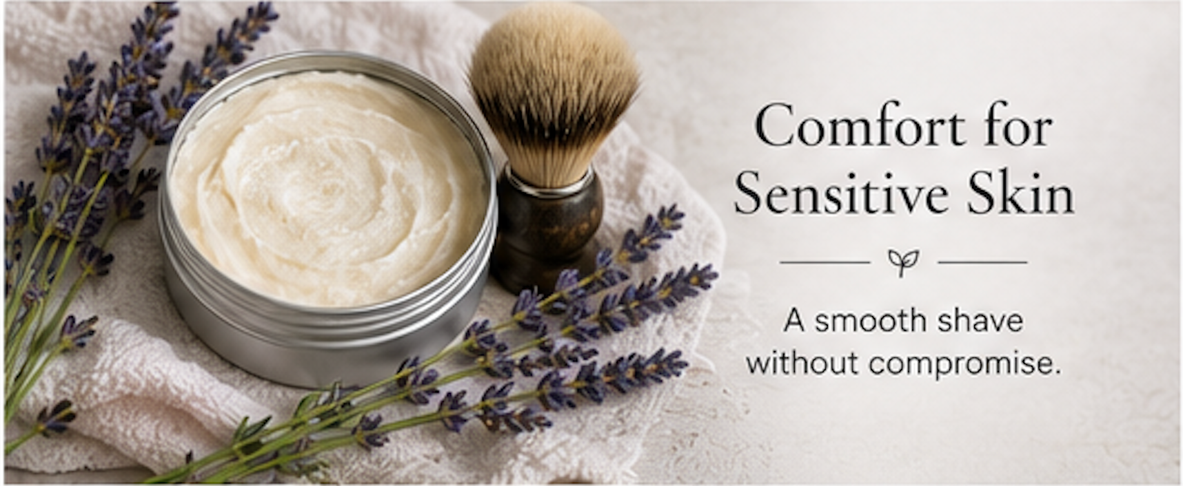 Jar of cream with a brush and lavender flowers on a white background, promoting comfort for sensitive skin.