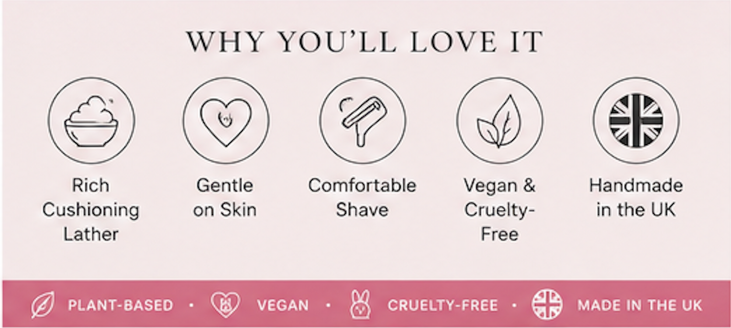 List of reasons why a product is loved, including rich cushioning lather, gentle on skin, comfortable shave, vegan &amp; cruelty-free, and made in the UK.