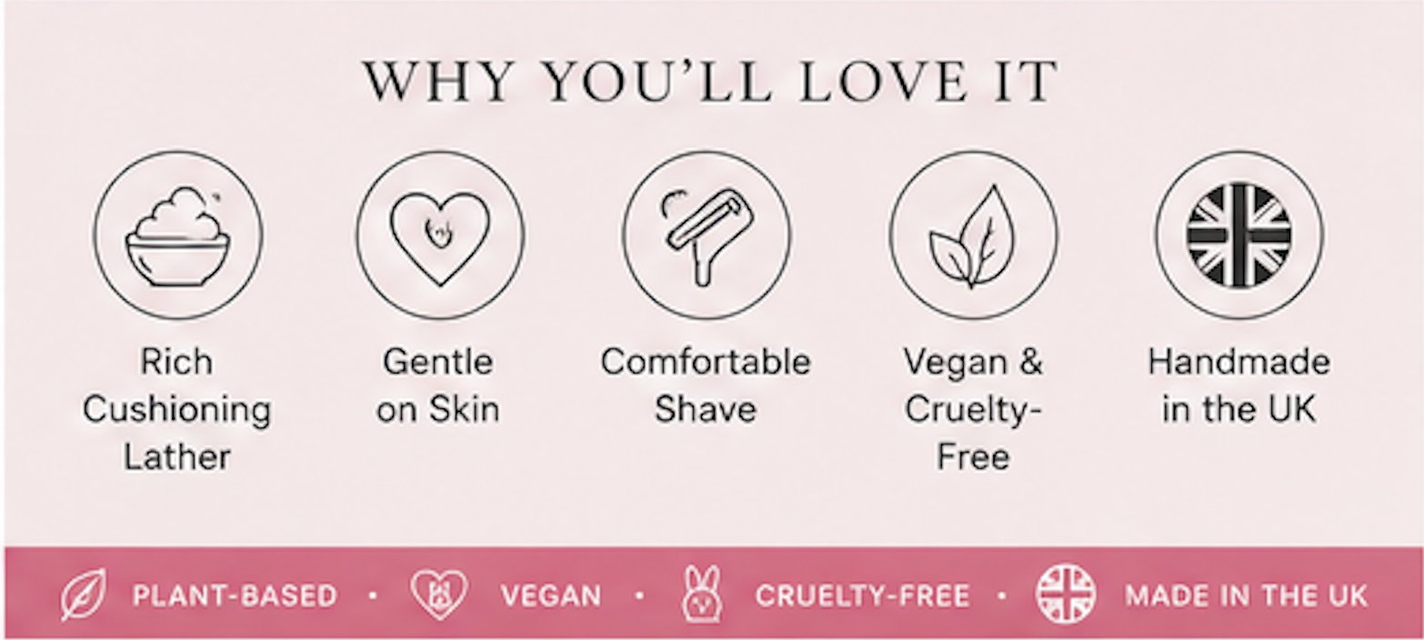 List of reasons why a product is loved, including rich cushioning lather, gentle on skin, comfortable shave, vegan &amp; cruelty-free, and made in the UK.
