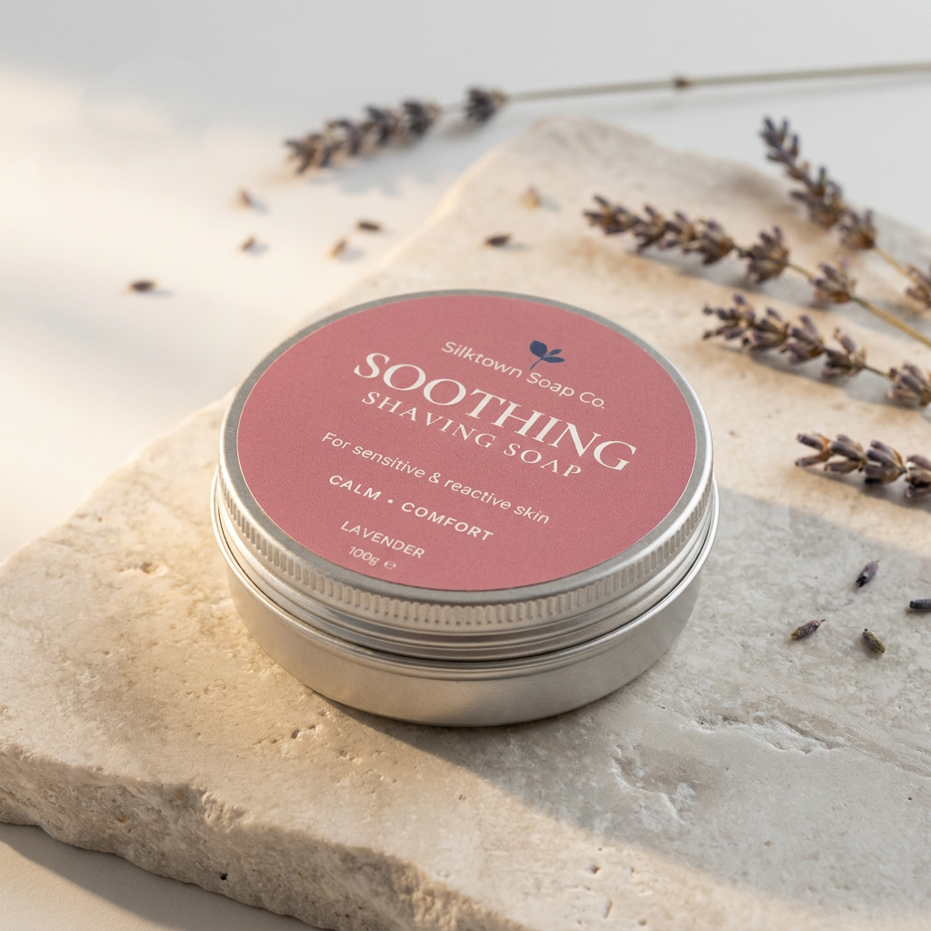 A round tin of Silktown Soap Co. Soothing Shaving Soap with a dusty rose label, styled on a textured stone slab with scattered dried lavender sprigs.